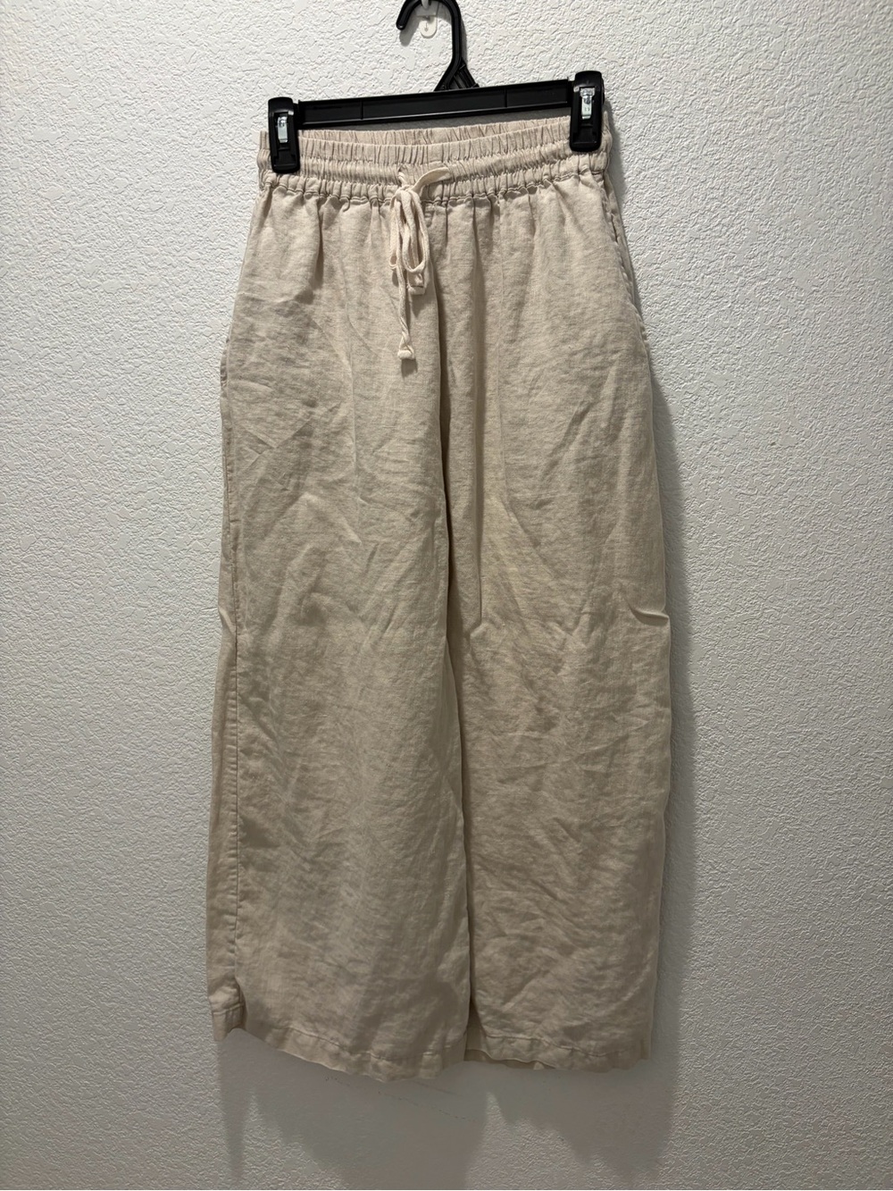 Wide Leg Linen Pants with Drawstring - Cream